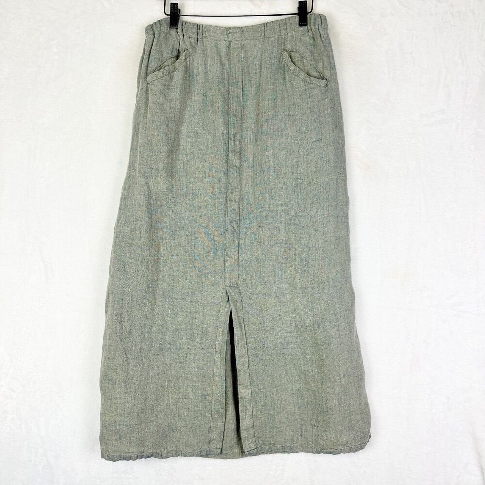 Flax Linen Maxi Skirt Size Medium Pull On Front Split Hem Pockets Lagenlook
